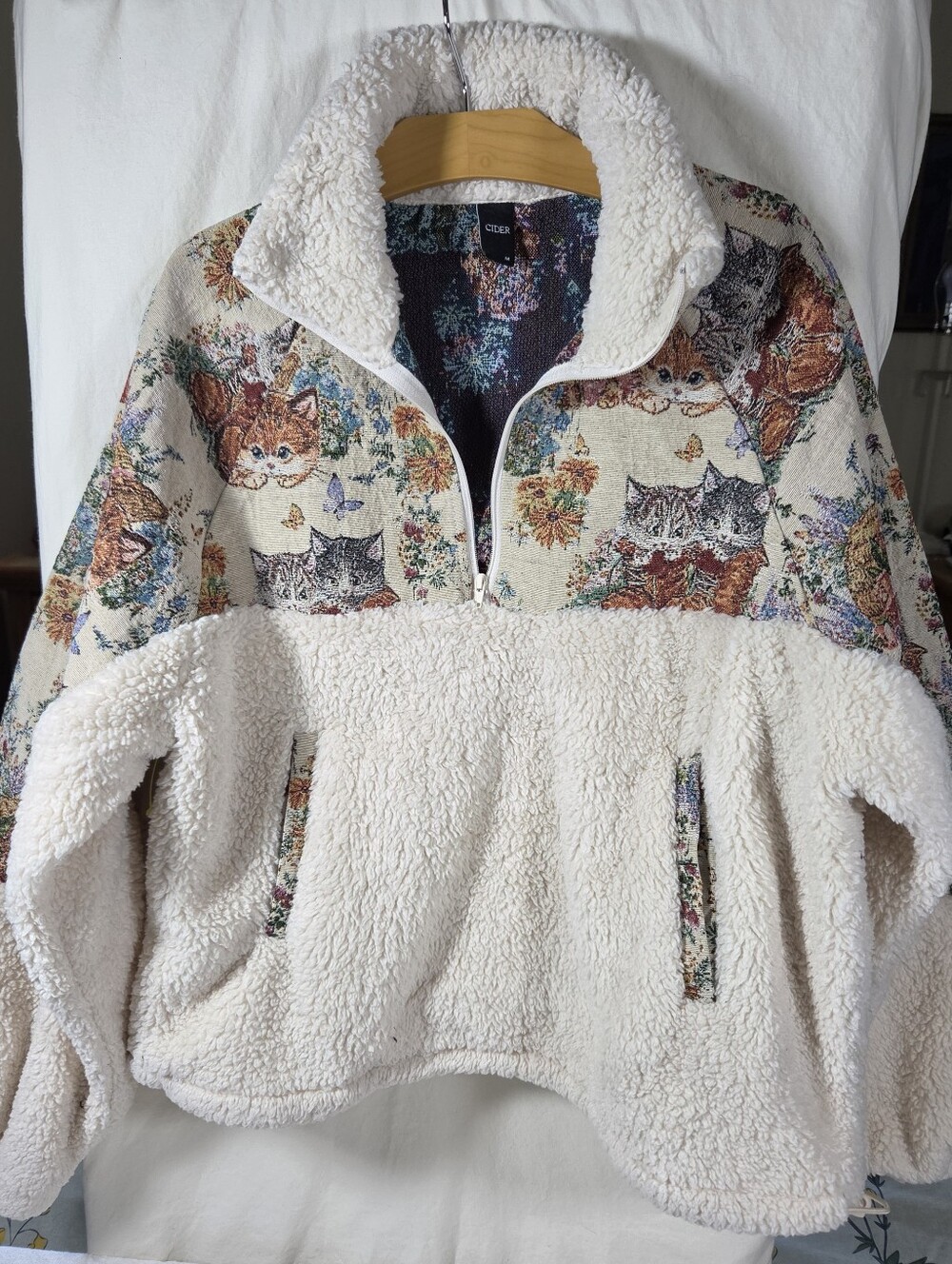 Cider Cream Sherpa Pullover with Cat-Print Yoke